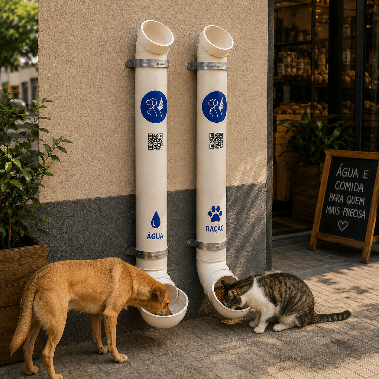 Cão e gato se alimentando em comedouros e bebedouros de cano PVC instalados na calçada
